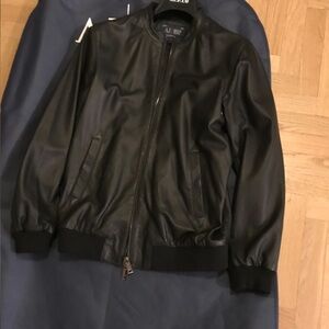 Armani Jeans Black Leather Bomber Jacket